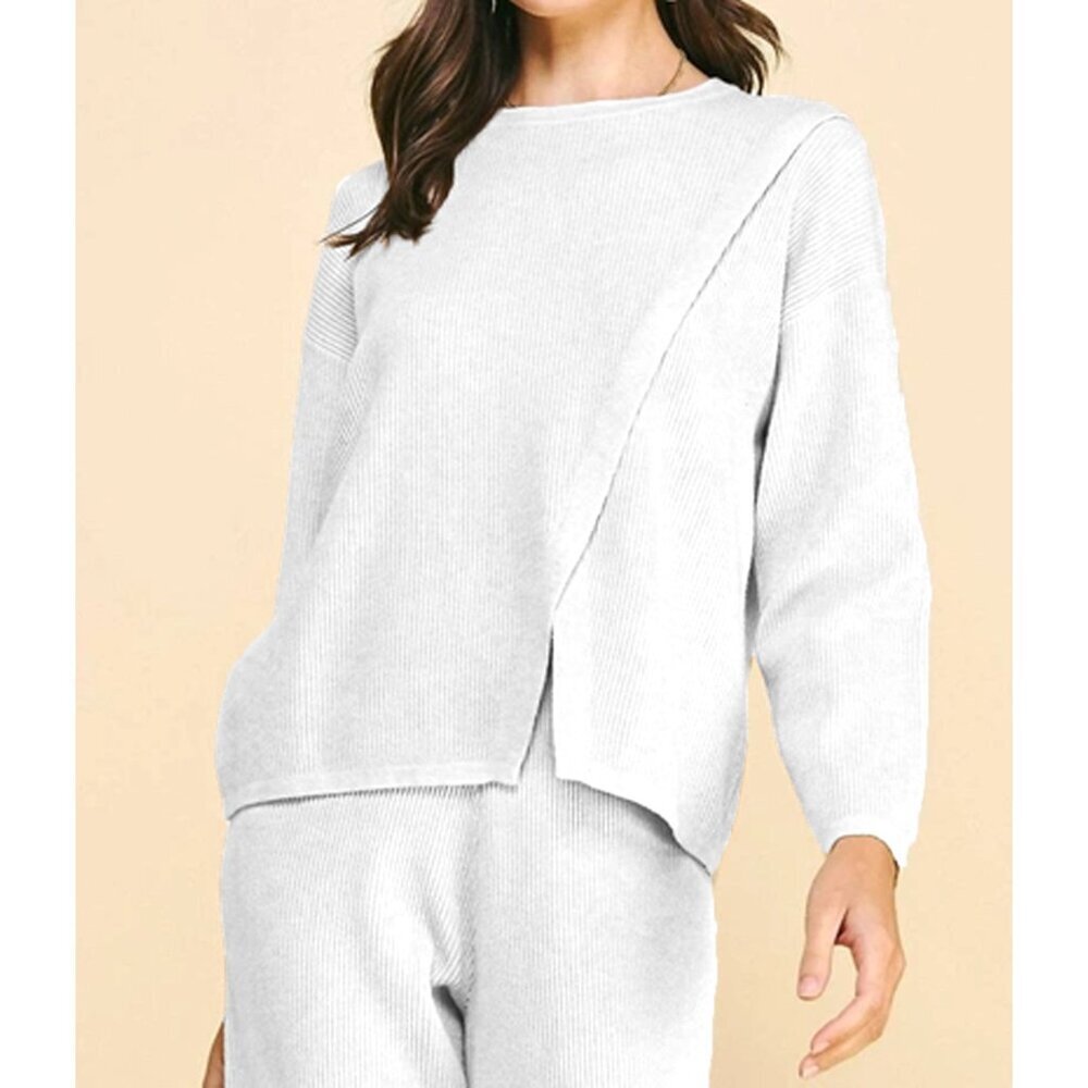 NWOT Pinch Front Slit Crew Neck Knit‎ Sweater Pullover White Women M